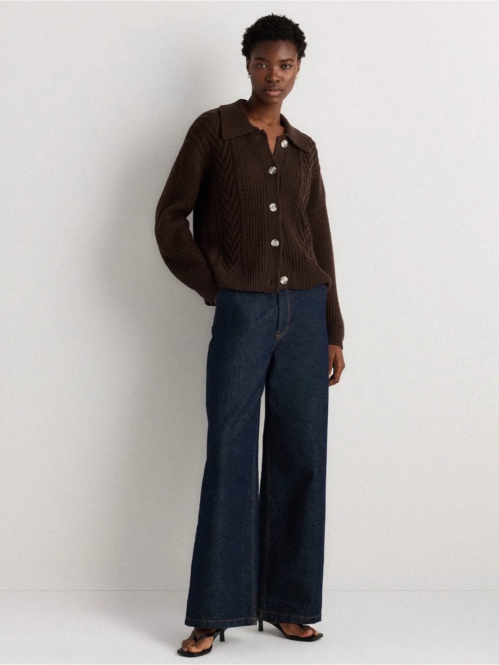 Quince Australian Merino Wool Collared Cable Cardigan chocolate brown S Small - Picture 10 of 12